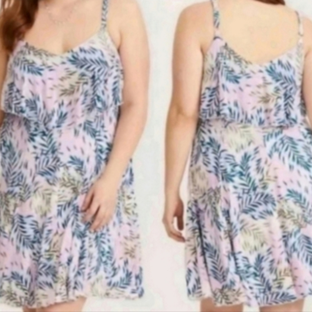 Torrid Purple Palm Hacci Blue Flutter Spaghetti Strap Green Dress 1 NWT